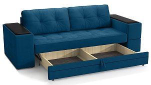 Прямой диван Каскад с ящиками и столиком Выкатной Синий 